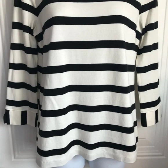 🔴 4/$15 Talbots Women’s S Black & Ivory Stripe Cotton 3/4 Sleeve Knit Top in EUC - Picture 9 of 14